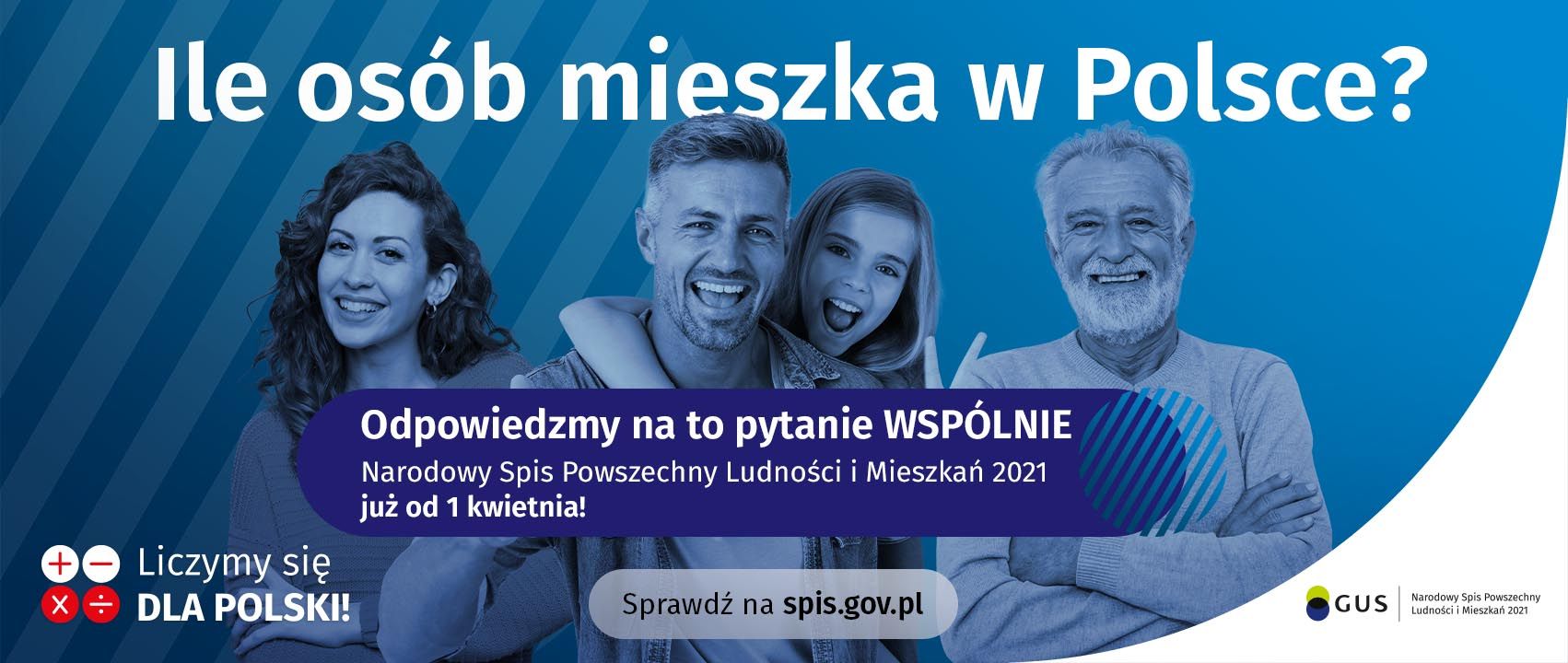 Banner informacyjny o Narodowym Spisie Powszechnym, osoby na niebieskim tle, napis "wejdź na spis.gov.pl i spisz się! Spis trwa od 1 kwietnia", 