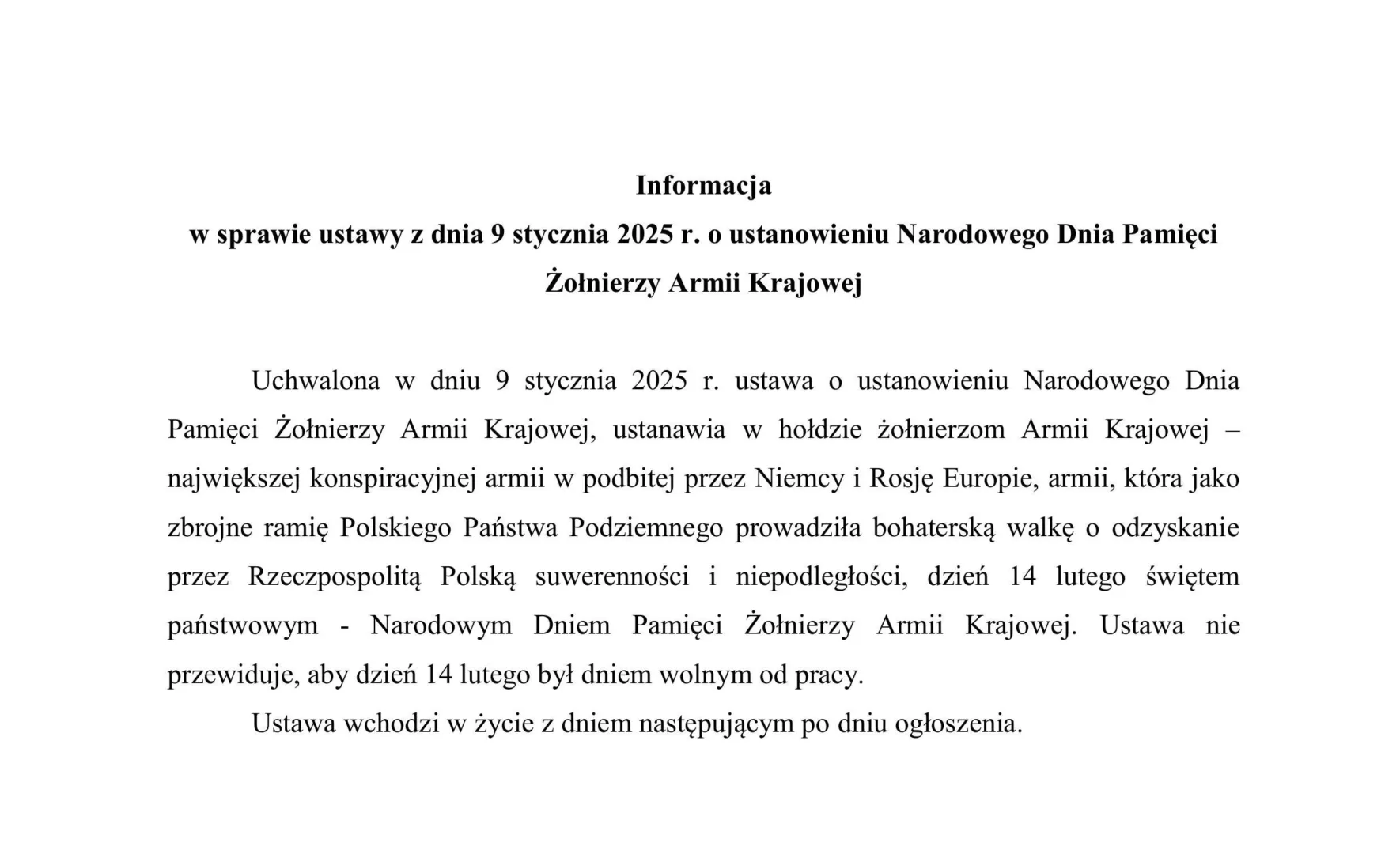 14 lutego 2025 r. po raz pierwszy obchodzimy Narodowy Dzień Pamięci Żołnierzy Armii Krajowej.